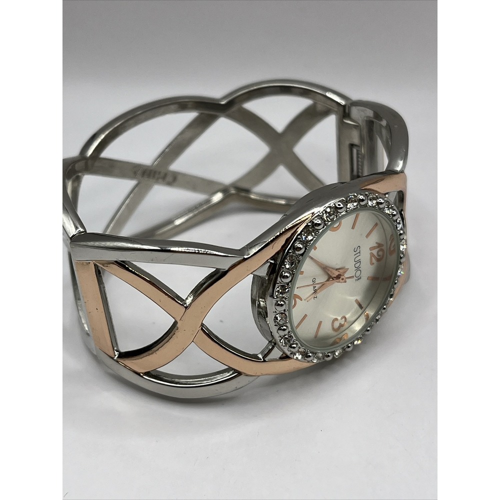 Studio Time Rose Gold & Silver Hinge Bangle Band Women's Watch- New‎ Battery - Picture 2 of 6